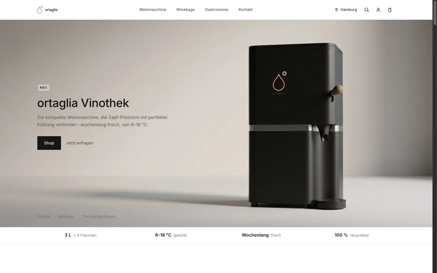 Website ortaglia — eine Premium-Produktseite für einen kompakten Weinausgabe-Automaten