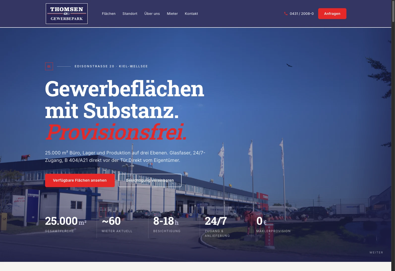 Website Thomsen Gewerbepark — ein Gewerbepark direkt vom Eigentümer in Kiel-Wellsee