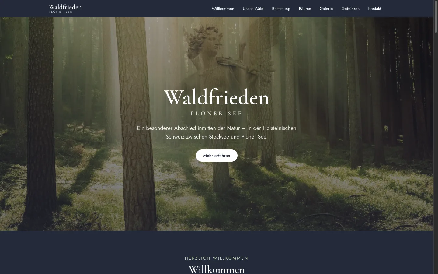 Website Waldfrieden Plöner See — ein Bestattungswald für Baumbestattungen in Holstein